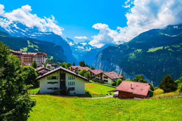 Traditional local houses in Wengen village in the Interlaken district in the Bern canton of Switzerland